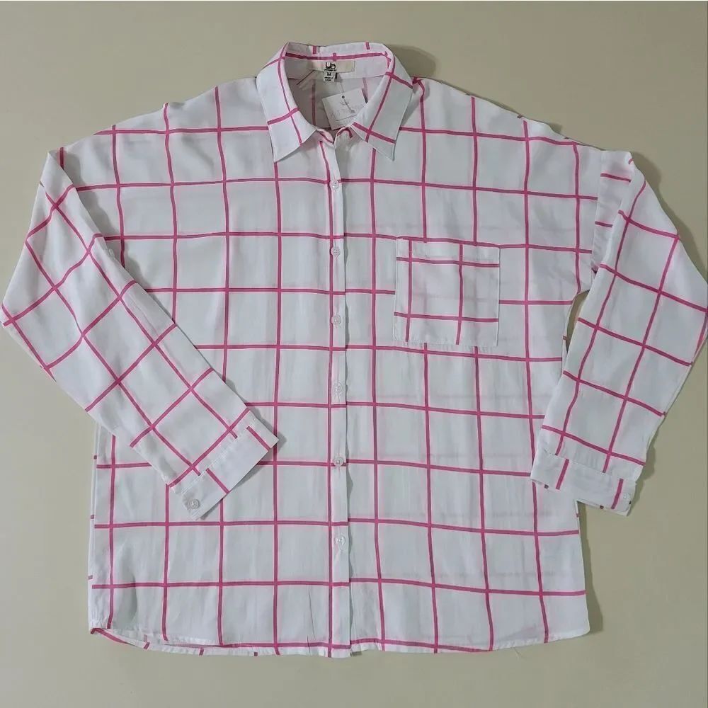 Ya Los Angeles Women's Long Sleeve Pink and White Button-Down Shirt